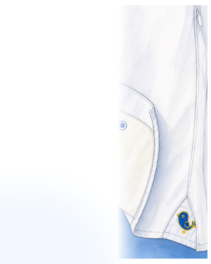 Fashion illustration showing the hidden microfiber lens cloth inside the Birdie Shirt hem.