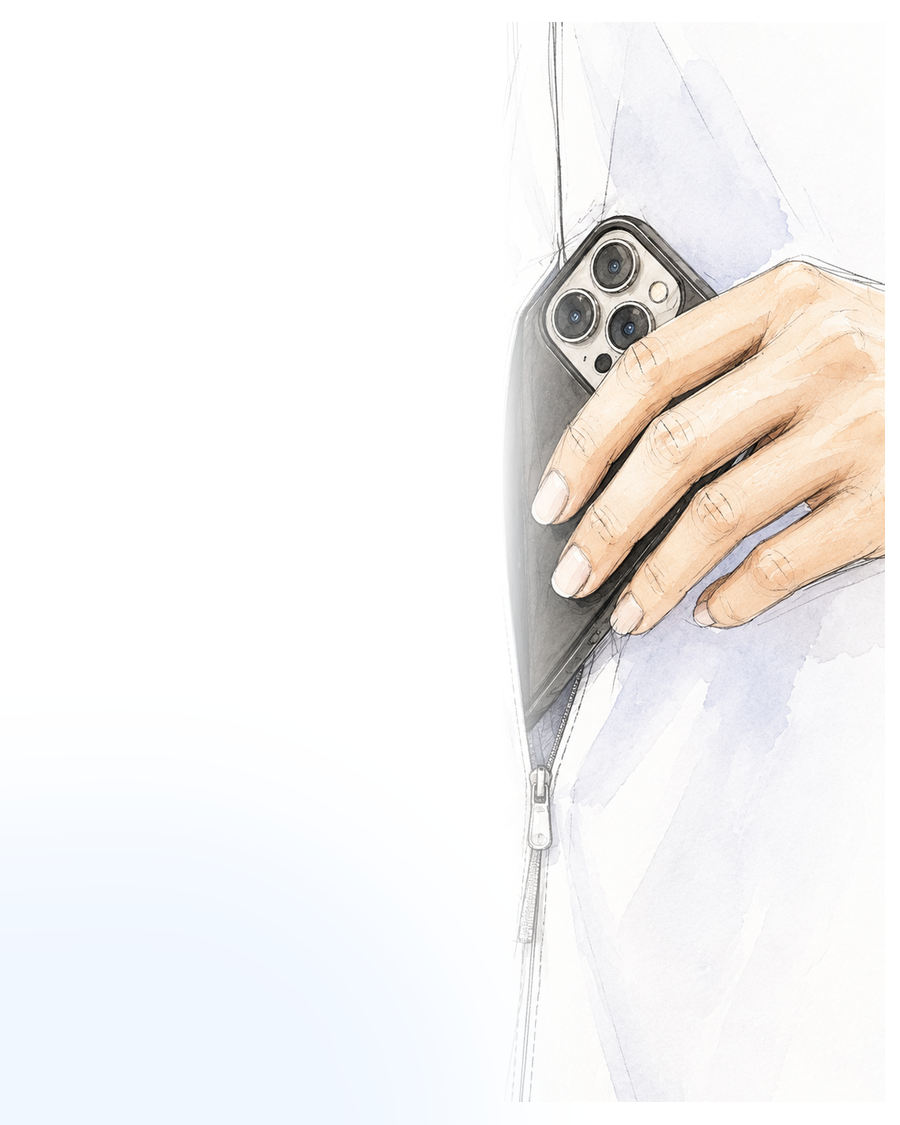 Fashion illustration showing a phone placed inside the Birdie Shirt seam zip pocket.