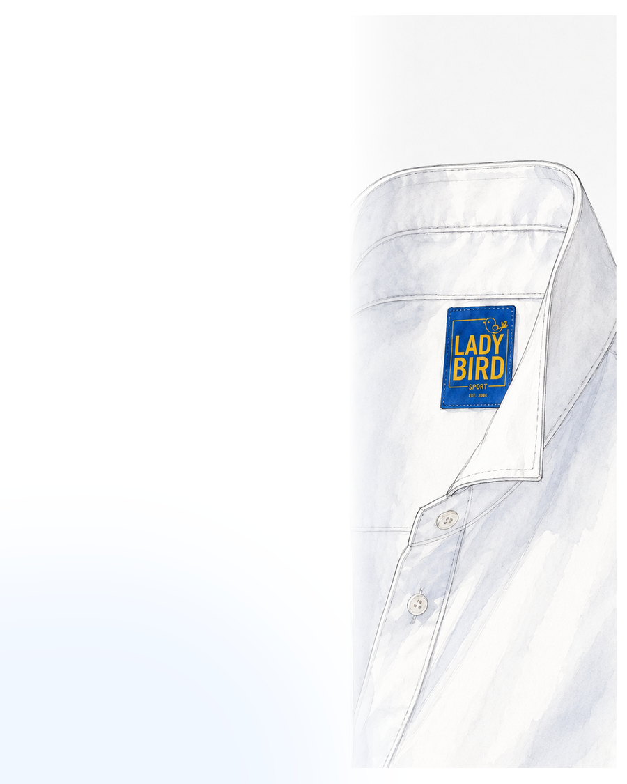 Fashion illustration of the Birdie Shirt stand-up collar and Lady Bird neck label.