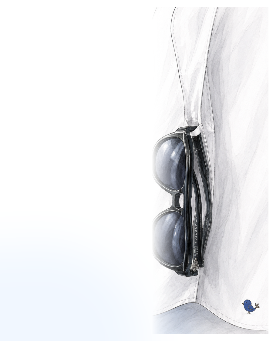 Fashion illustration of sunglasses secured in the Birdie Shirt sunglass loop.