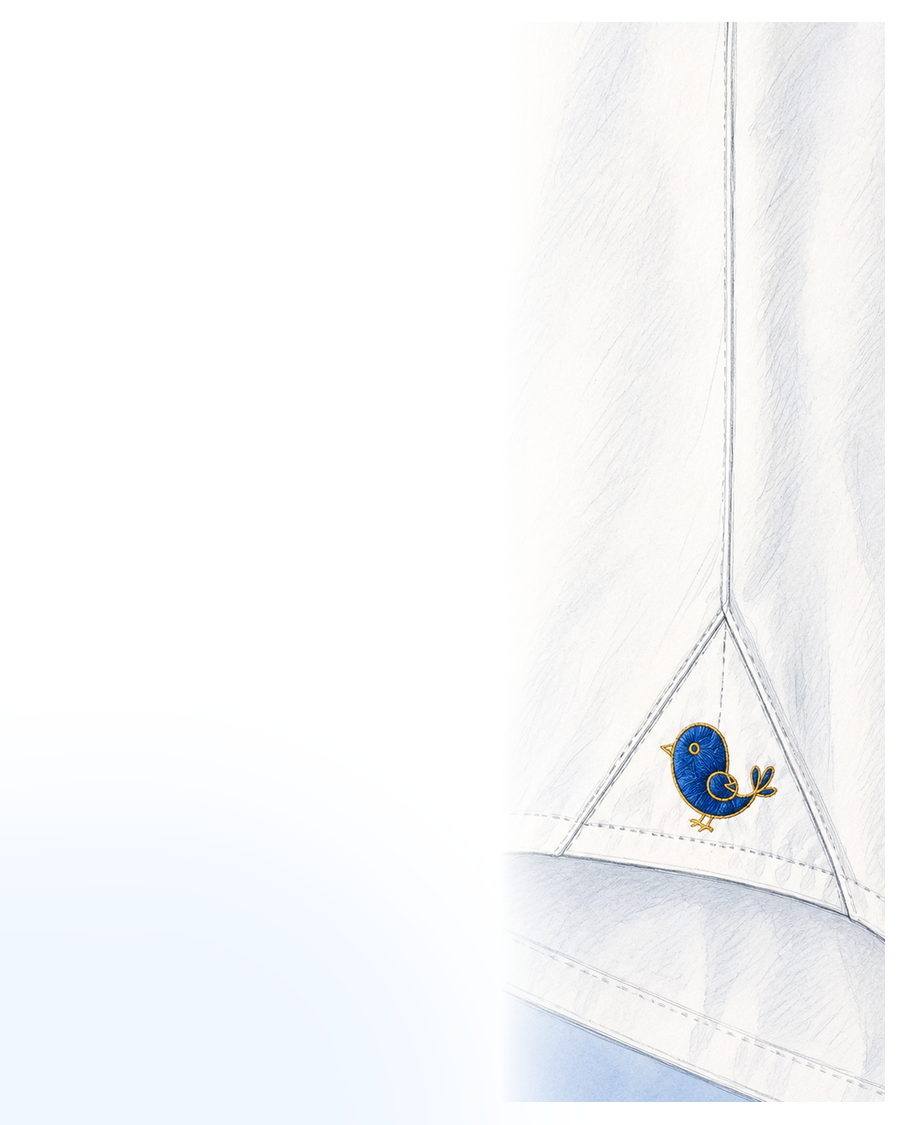Fashion illustration of the Birdie Shirt hem and embroidered bird logo representing UPF 50+ fabric.