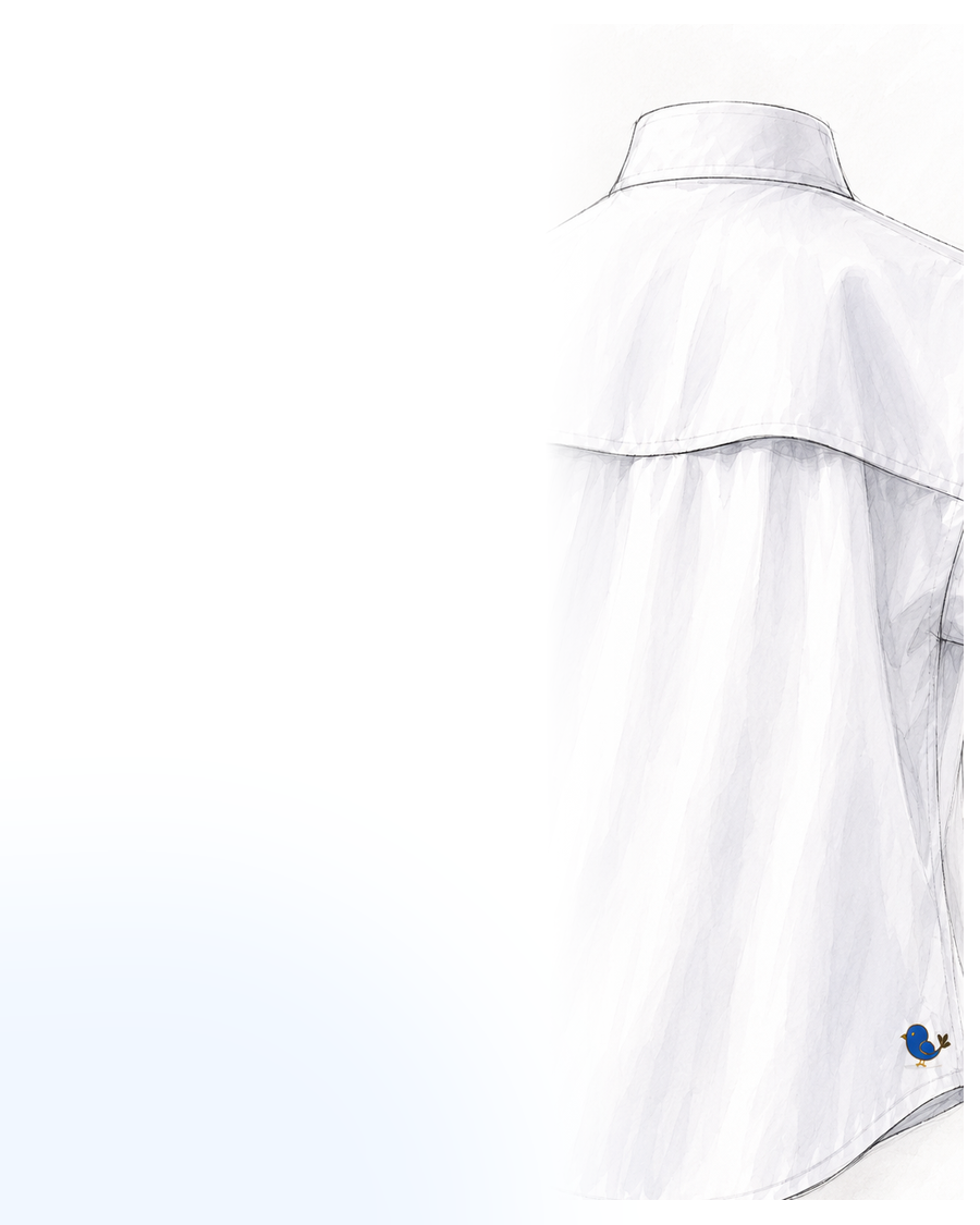 Back-view fashion illustration of the Birdie Shirt vented back yoke.